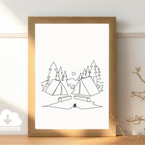 Minimalist Camp Nature Line Art Digital Printable Download, Minimal Campsite Tent Campfire Forest Lifestyle Line Print Download