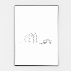 Minimalist Caravan Travel Nature Pine Trees Line Art Digital Printable Download, Simple Line Art Design Icon, One Line Art Print Download