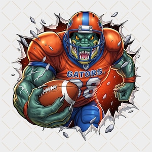 May include: An illustration of an alligator football player bursting through a wall. The player is in an orange and blue uniform with "GATORS" and the number 88. He clutches a brown American football.