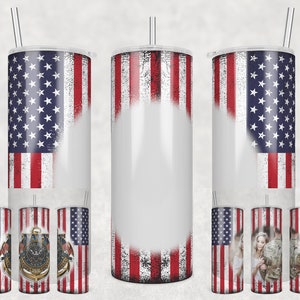 May include: Set of six stainless steel tumblers with a distressed American flag design. Three tumblers have a blank white space for personalization, while the other three have different designs, including a Navy emblem and a photo of a couple.
