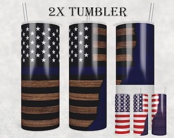 Thin Blue Line Tumbler PNG: USA Flag Wooden Theme (Digital Download)