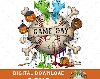 May include: A digital graphic featuring a baseball with a banner that reads "GAME DAY". The design includes ghosts, pumpkins, baseballs, a baseball glove, and skeletons. The words "DIGITAL DOWNLOAD" and "2 PNG" are also present.