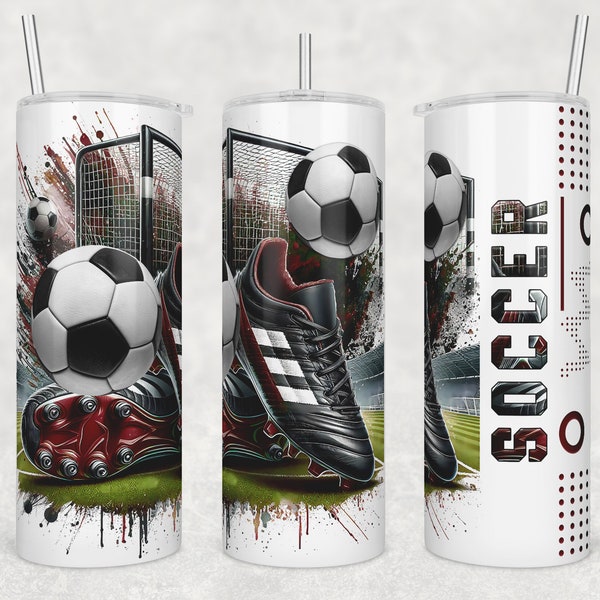 Soccer Tumbler Png, Dark Maroon Style, Soccer Cleats and Soccer Ball, Sublimation Tumbler Design, 20 oz Skinny Wrap, Original Creator