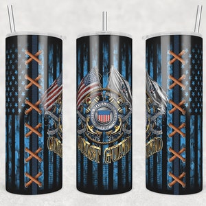 May include: A stainless steel tumbler with a blue and white American flag design and the United States Coast Guard emblem. The tumbler has a brown stitched design on the side.