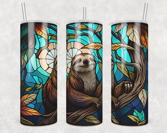 Sloth Tumbler wrap, 20 oz Skinny Tumbler Png, Sublimation Design Digital Download, Animal Tumbler, Stained Glass Sloth Print, Nature Scene