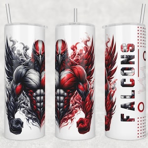 May include: Three white stainless steel tumblers with lids and straws. The tumblers feature a red and black graphic of a muscular falcon with smoke and flames. One tumbler has the word "FALCONS" in red and black text.