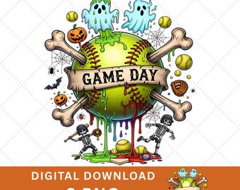 Sublimación PNG de sóftbol de Halloween espeluznante: Diseño de camiseta para el Día del Juego de Terror (Descarga digital)