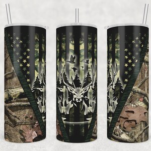 Deer Hunting Camouflage Tumbler Wrap, 20 oz Tumbler Png, Green Camouflage American Flag and Deer Tumbler, For Men tumbler