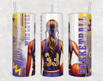 Basketball Girl 20 oz Tumbler Wrap PNG, Gold and Purple Sublimation Design, Girl Basketball Player Gift, Sports Mom Digital Download