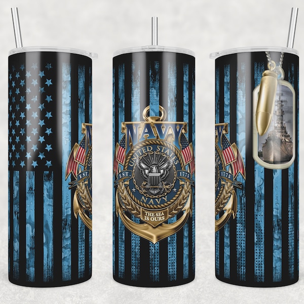 US Navy American Flag Tumbler Wrap, 20 oz Skinny Tumbler Png, Soldier Camouflage Metal Tag With Bullet On Chain,Sublimation Digital Download