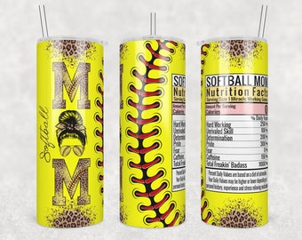 Softball Mom Nutrition Facts 20oz Skinny Tumbler Png, Softball Tumbler Png, Softball Messy bun and Stitches, Nutrition Label New Design 2023