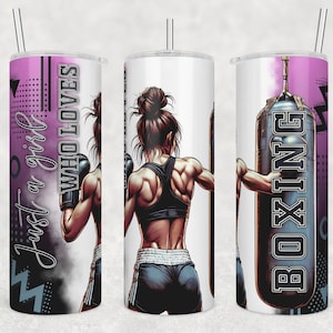 Boxhandschuh Tumbler Wrap, nur ein Mädchen, das Boxen liebt, Boxen Mädchen Charakter png, Boxsack, Sublimation Tumbler Design, 20 Unzen Skinny,