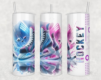 Hockey Tumbler Wrap, Pink Blue Splash, 20 oz Skinny (PNG Digital Download)