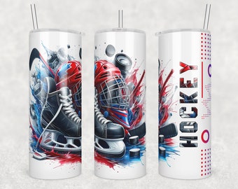Hockey Tumbler Png, Hockey Skates, Helmet with Face Cage, Red, Blue and White Splash  Sublimation Tumbler Wrap Design, 20 oz Skinny,