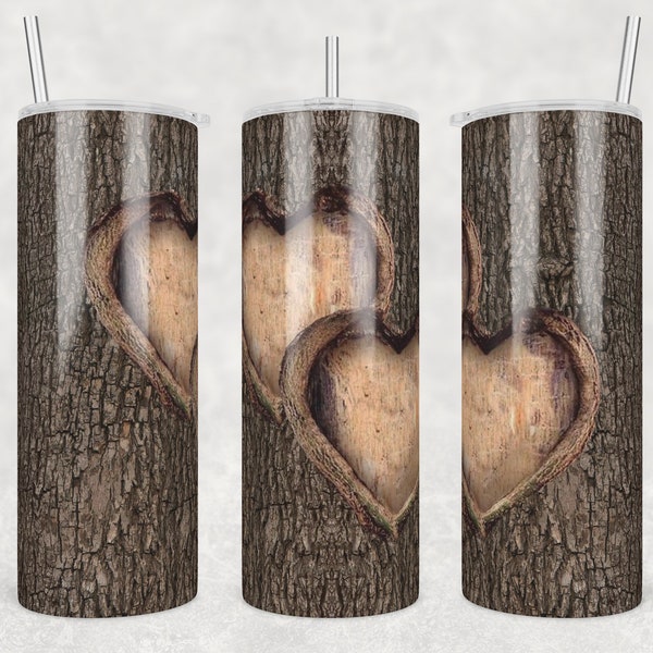 Wood Carved Heart Tumbler Png, 20 Oz Skinny Tumbler Wrap,  Valentine's Day Wood Shell Carving, Heart Sublimation Design Png