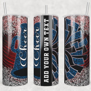 Jubeln Sie Becher Png, Silber Glitzer und blaues Thema, 20 oz Skinny Tumbler Wrap, Cheerleader Leopard, fügen Sie Ihren eigenen Text Sublimation Png hinzu