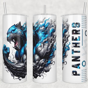 May include: Three white tumblers with a blue and black panther design. The tumbler on the left has a close-up of the panther's face. The tumbler in the middle has a full-body image of the panther with blue smoke. The tumbler on the right has the word "PANTHERS" in blue letters.