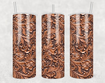 Tooled Leather Tumbler PNG 20oz Skinny Western Tumbler Wrap, Seamless ...