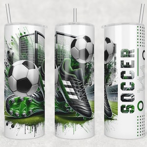 Vaso de fútbol (PNG), poste de portería, botas y balón de fútbol, diseño de vaso de sublimación, envoltura delgada de 20 oz, creador original
