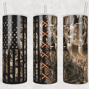 Deer Hunting Camo Tumbler Wrap, 20 oz Tumbler Png, Brown Camouflage American Flag and Deer Tumbler, Sublimaiton Design Png