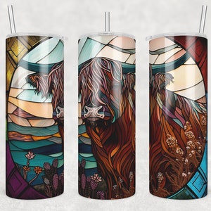 Vitral Highland Cow 20 oz Skinny Tumbler Png, Sublimation Design Digital Download PNG, Cow print, Western Highland Cow Wrap