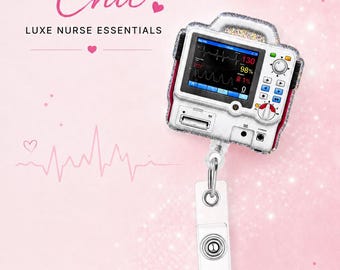 Defibrillator Badge Reel | Glitter Nurse Badge Reel | Retractable ID Badge Reel | ER Nurse Gift | Cardiac Nurse Accessory