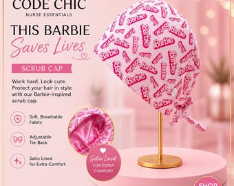 Barbie Inspired Satin-Lined Scrub Cap | Nurse Scrub Hat | Adjustable Tie Back | Hair Protection | Pink Nurse Gift