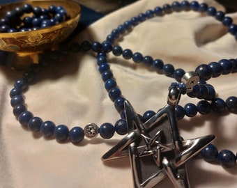 Thelemic Rosary with Lapis Lazuli and silver Unicursal Hexagram