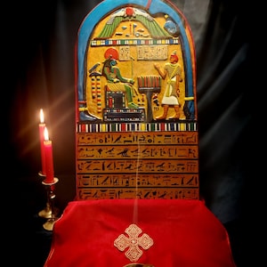 bas relief Stele of Revealing, Egyptian Stele of Ankh-af-na-Khonsu, Aleister Crowley, Thelema, Gnostic Mass