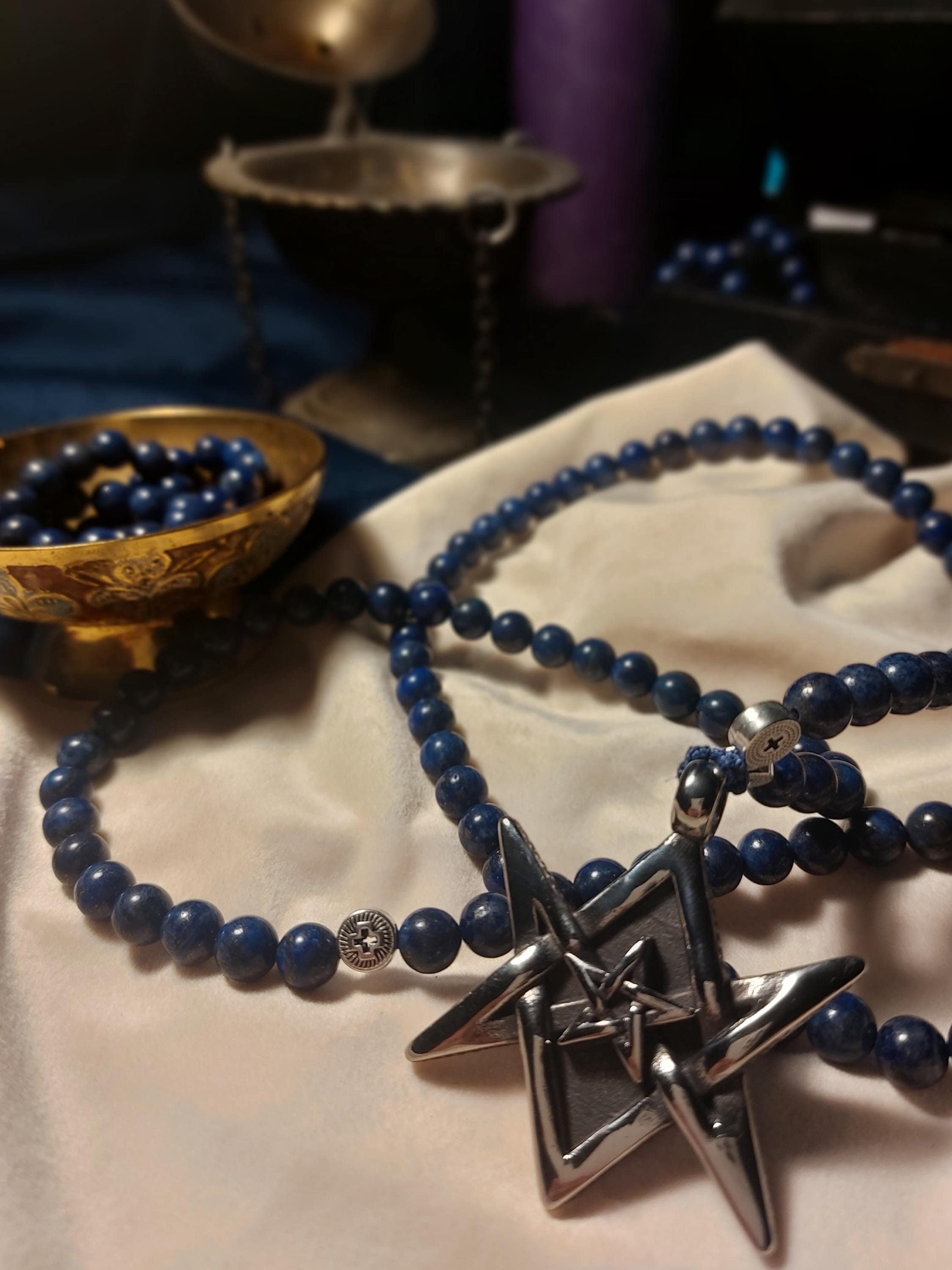 Thelemic Rosary With Lapis Lazuli Beads and Silver Unicursal