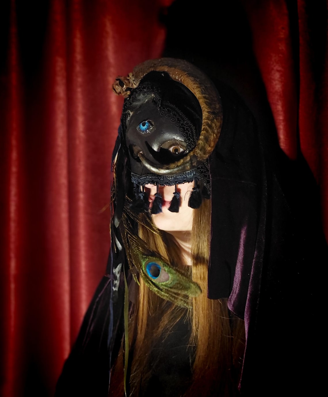 Occult Ritual Mask Ritual Veiled Mask With Real Horns - Velvet & Art Nouveau Adornments ...