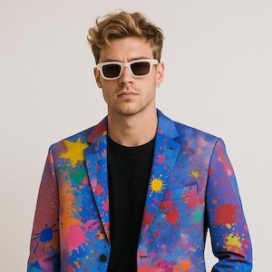 Color Splash Men&#39;s Blazer – 100% Cotton All-Over Print Jacket, Lightweight Art-Inspired Suit, Stylish Flat Lapel Party Blazer
