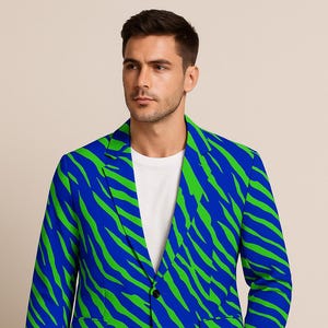 Green Blue Zebra Print Cotton Blazer – Men&#39;s All-Over Print Bold Statement Jacket, Lightweight Casual Suit with Lapel and Pockets