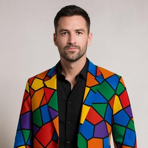 Colorful Geometric Cotton Blazer | Made-to-Order Men&#39;s Statement Jacket | Breathable Natural Fiber Suit Coat | Unique Formal Party Wear