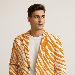 Orange White Zebra Print Cotton Blazer – Men&#39;s All-Over Print Lightweight Casual Suit Jacket with Pockets, Flat Lapel Design