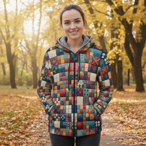 Sweat à capuche pelucheux patchwork géométrique : fermeture éclair en tissu néoprène coloré - réalisation sur commande