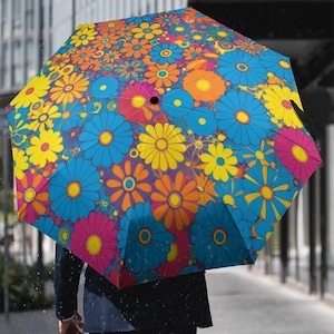 Retro Flower Travel Umbrella – Made to Order Colorful Compact Auto Open Umbrella for Rain and Sun