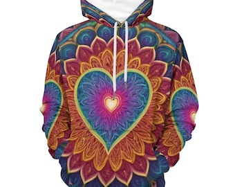 Rainbow Mandala Heart: All-Over Printed Men's Hoodie (230gsm)