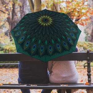 May include: A teal umbrella with a peacock feather design. The umbrella features a central floral pattern in yellow and green, surrounded by teal and blue feather-like shapes. The umbrella is open, providing shade.