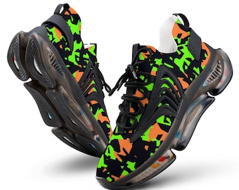 Zapatillas deportivas de camuflaje neón para hombre, con estampado UV, naranja, verde y negro, hechas a medida.