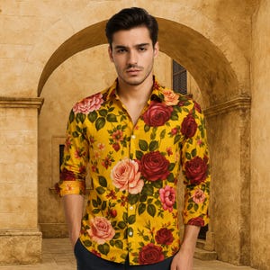 Men&#39;s Floral Button Down Shirt Vintage Faux Linen Long Sleeve Shirt Bold Rose Print Casual Shirt for Parties Travel and Daily Wear