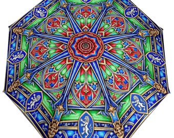 Gebrandschilderde paraplu, middeleeuwse kathedraal automatisch in drieën gevouwen, blauwgroen rood gotische regenparaplu, compacte reisparaplu