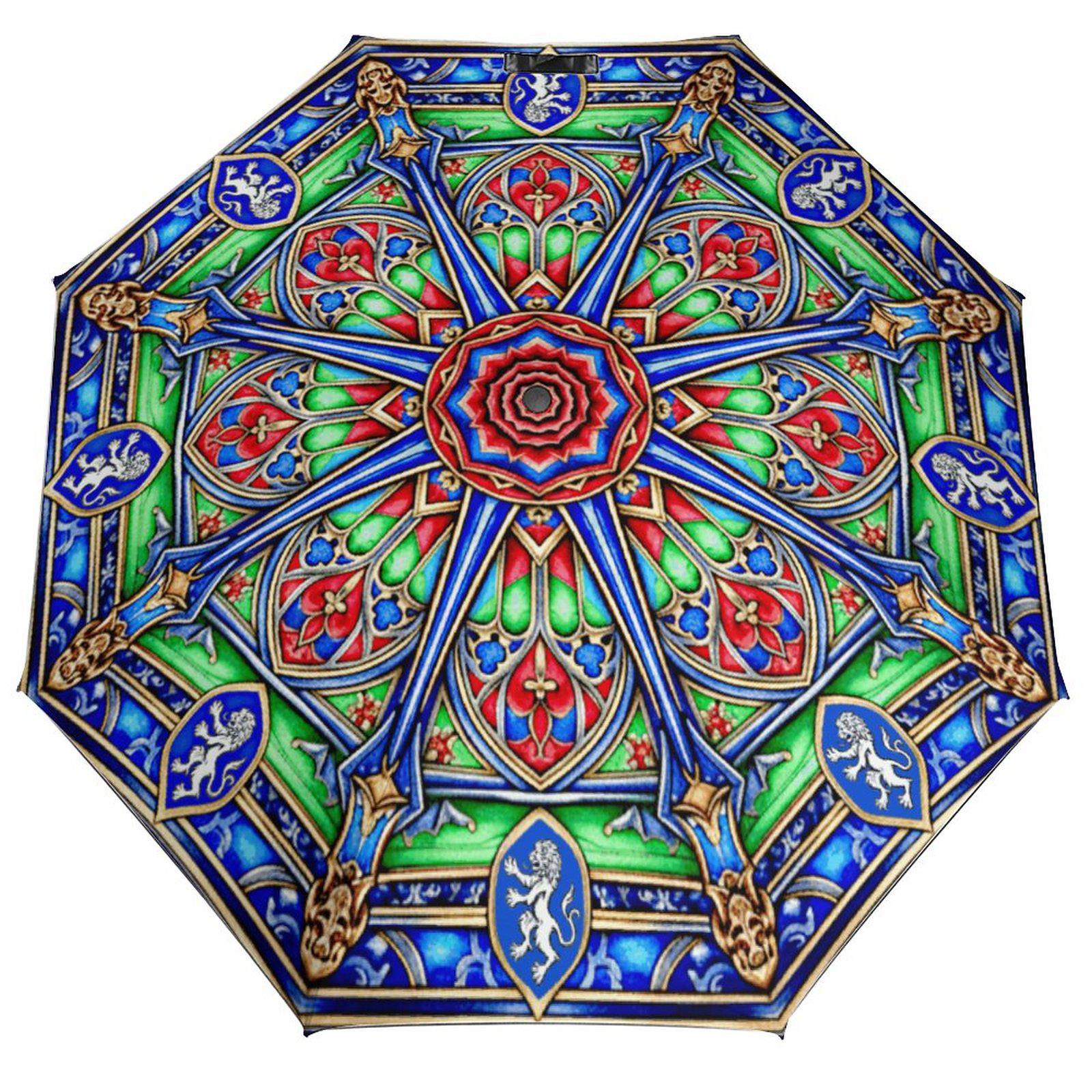Stained Glass Umbrella, Medieval Cathedral Automatic Tri-Fold, Blue Green Red Gothic Rain Umbrella, Compact Travel Umbrella