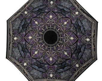 Gothic Skull Raven Umbrella: Dark Purple Fantasy, Windproof Auto Open