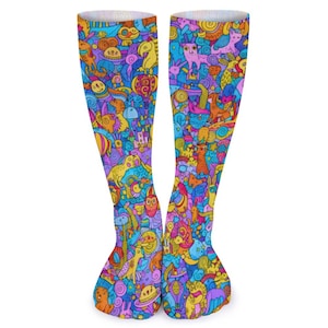 May include: A pair of knee-high socks with a vibrant, colorful pattern. The design features a multitude of whimsical cartoon characters and shapes in shades of blue, purple, yellow, orange, and pink. The socks are made of a soft, comfortable material.