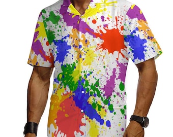 Paint Splatter Shirt mit kubanischem Kragen, buntes Graffiti-Shirt für Männer, lila, gelb, grün, blau, rot, Kurzarm-Button-Unten