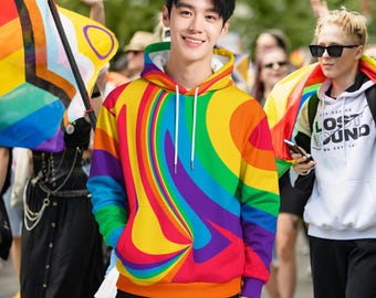 Sudadera con capucha para hombre Rainbow Wave – Diseño llamativo multicolor en espiral – Hecha a medida