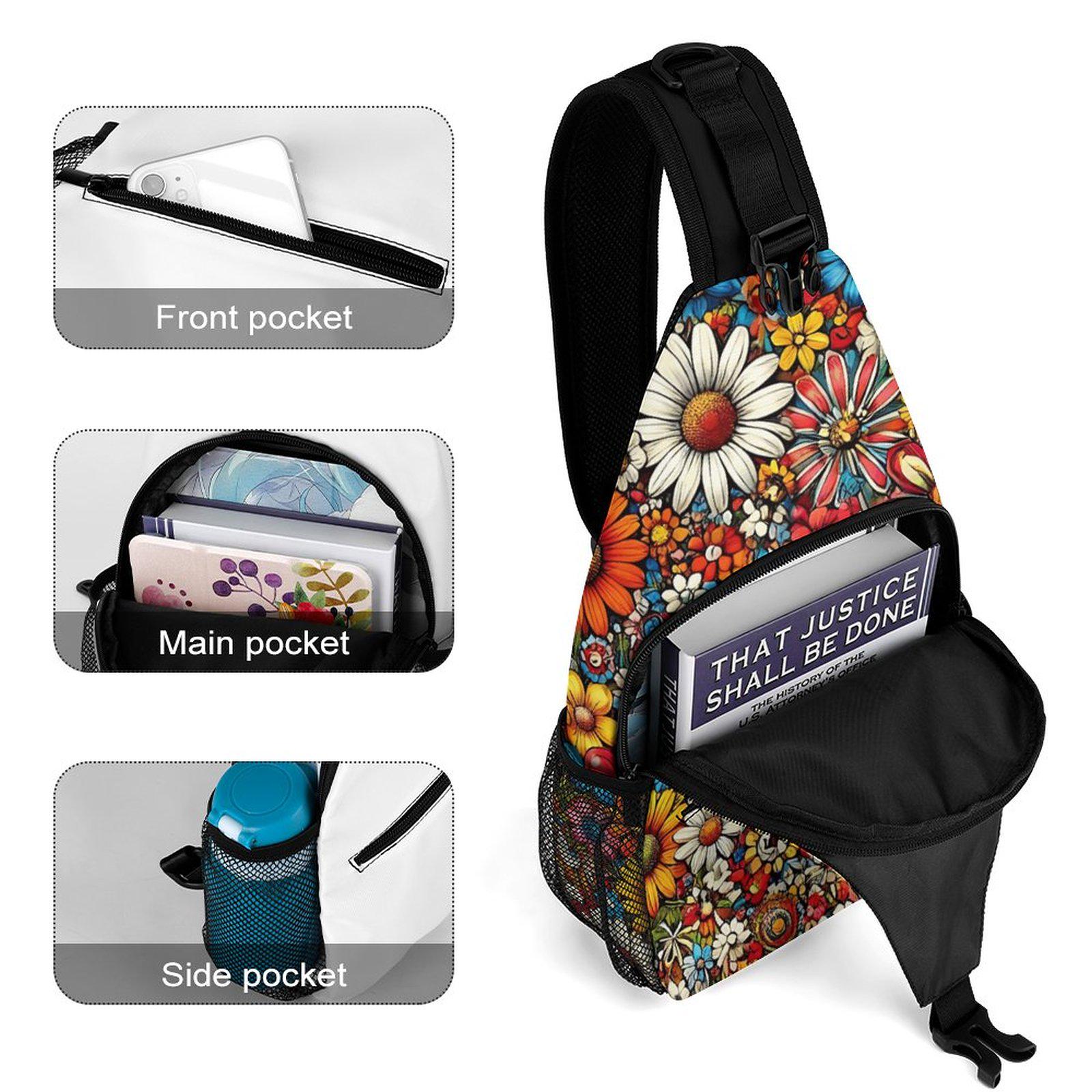 Canvas Backpack Purse Embroidered Floral Sling Travel Crossbody Chest Bag Floral Tapestry Crossbody Sling Bag for Women with Leather Trim main image 4