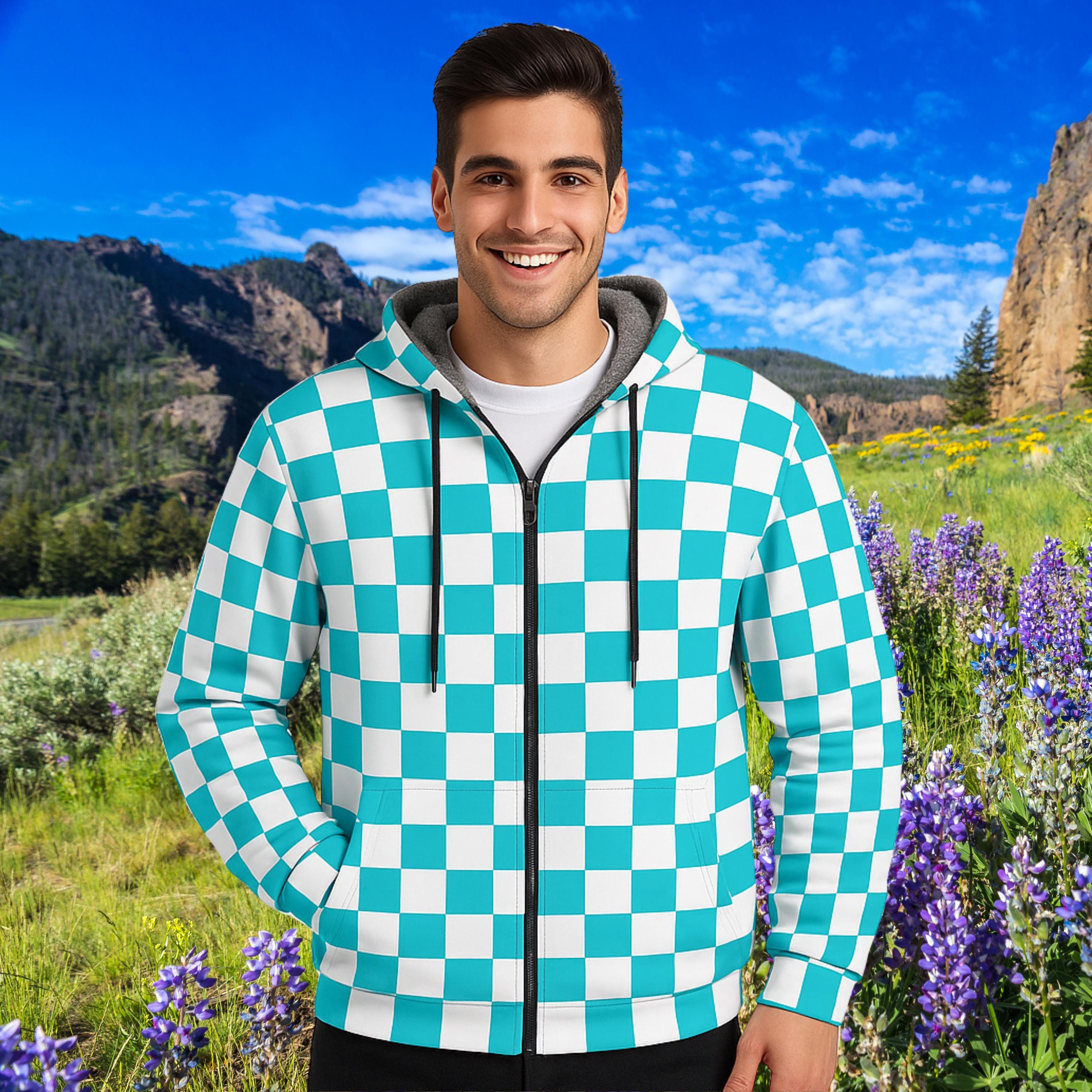Aqua Checkered Plush Lined Hoodie: Scuba Fabric, Made to Order - Etsy