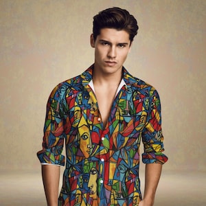 Pode incluir: Uma camisa abotoada com um design abstrato vibrante com rostos e formas geométricas em um caleidoscópio de cores. A camisa tem gola e punhos brancos.
